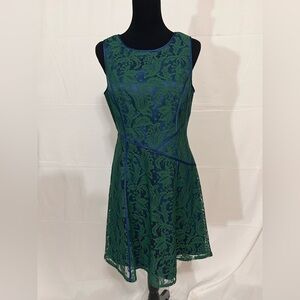 Adrianna Papell Green and Blue Lace Midi Dress